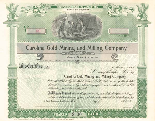Carolina Gold Mining and Milling Co. - Stock Certificate